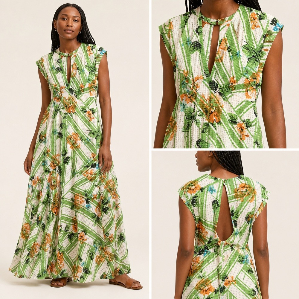 Maeve Anthropologie Maxi Dress 4 Green Floral Open Back Cap Sleeve